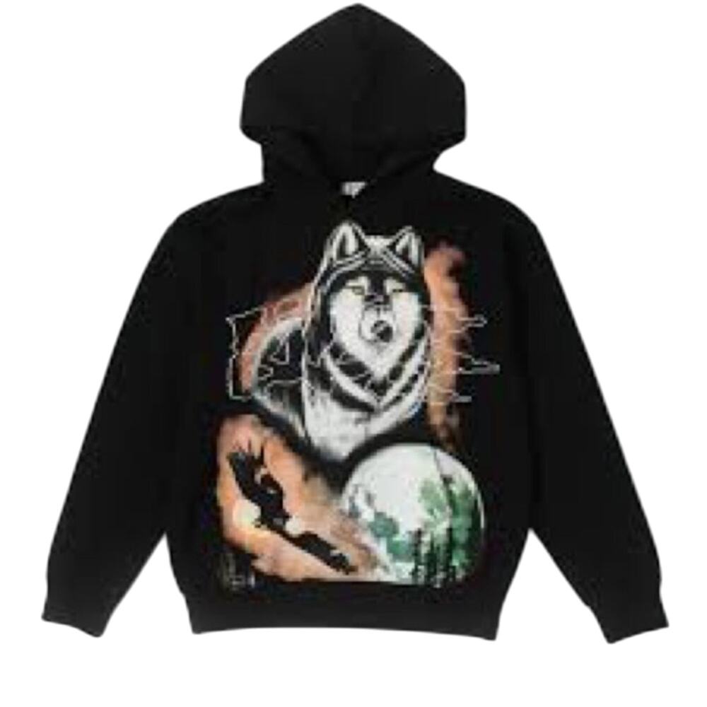 BLDG4 MOONLIGHT HOODIE in Vintage Black with Wolf and Nature Print Size XL